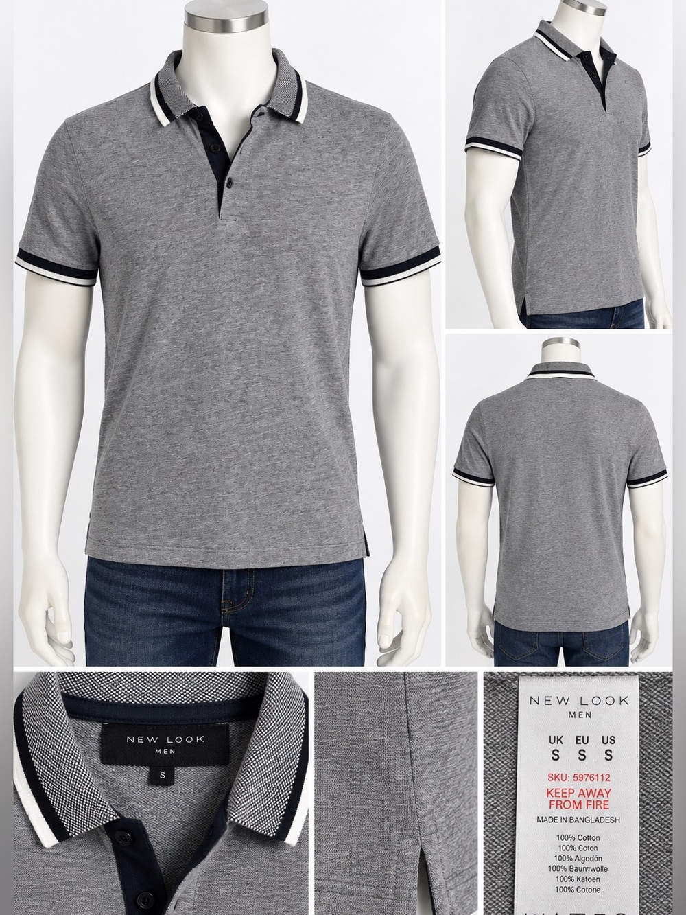 New Look Men Gray Polo Shirt Small 100% Cotton Black White Tipped Collar